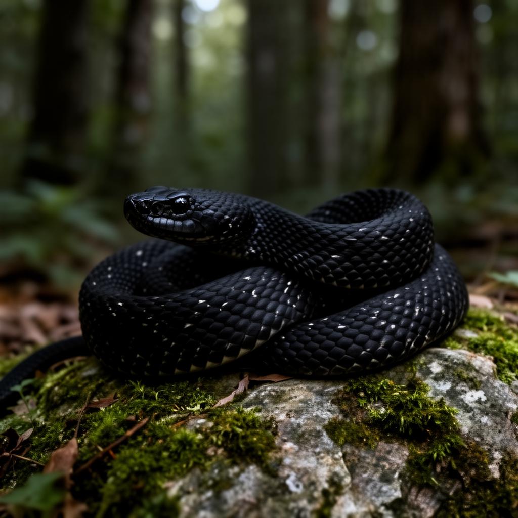 Black phase timber rattlesnake coiled on mossy rock