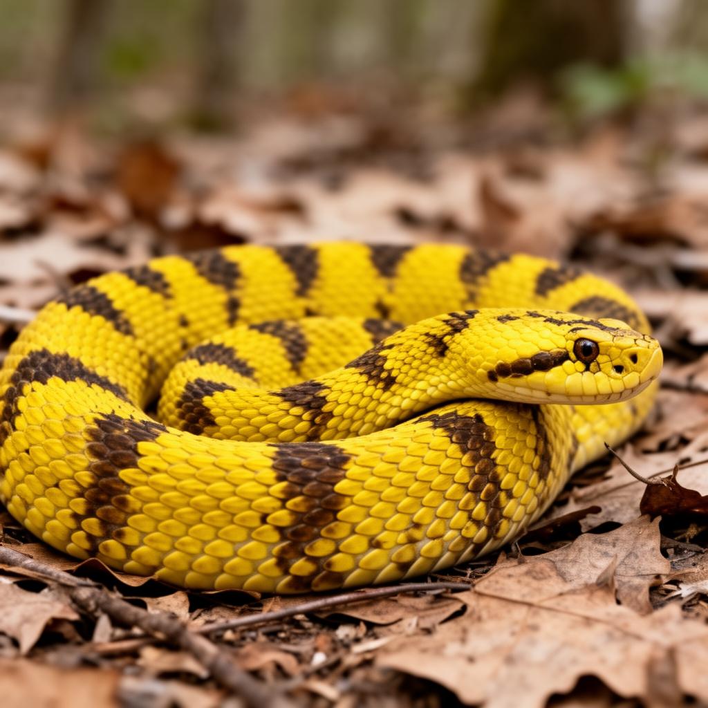 Yellow phase timber rattlesnake on forest floor