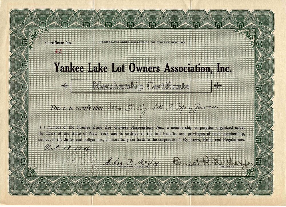 Yankee Lake Lot Owner's Association Certificate